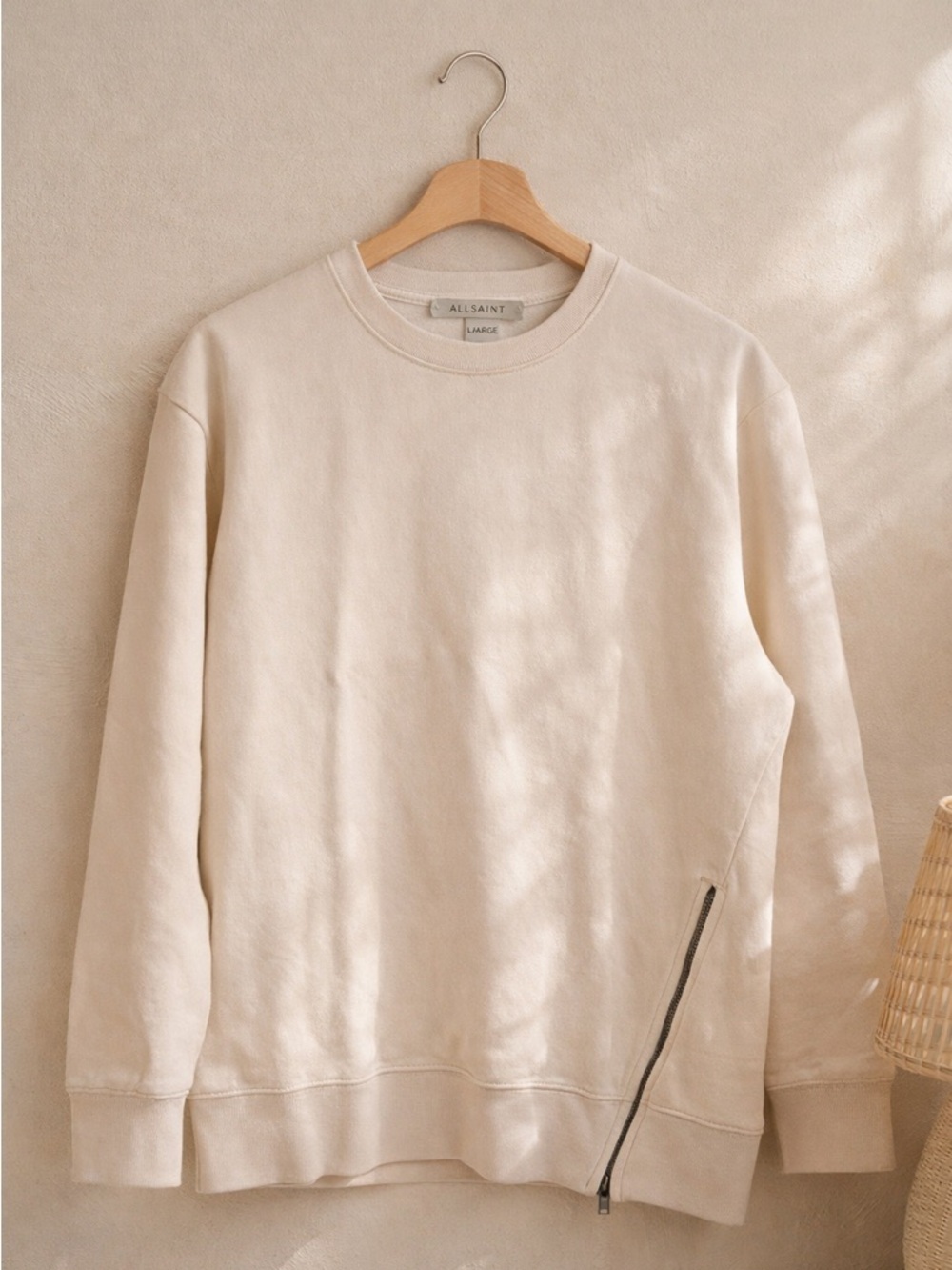 AllSaints Solo Zip Sweatshirt Cream Side Zip Pullover Large